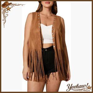 Plus Size Faux Suede Vest Jacket Fringe Trim Western Style Sleeveless